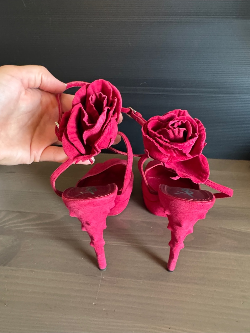 Saint Laurent Red Suede Peep-Toe Stiletto Sandals with Rosette - Picture 3 of 12